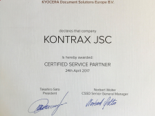 КОНТРАКС бе отличен като Kyocera Certified Service Partner за 2017